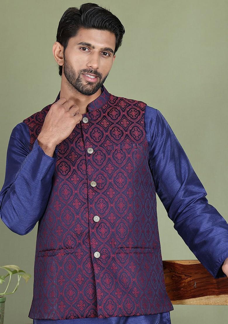 Navy Blue Printed Poly Blend Kurta Set For Men