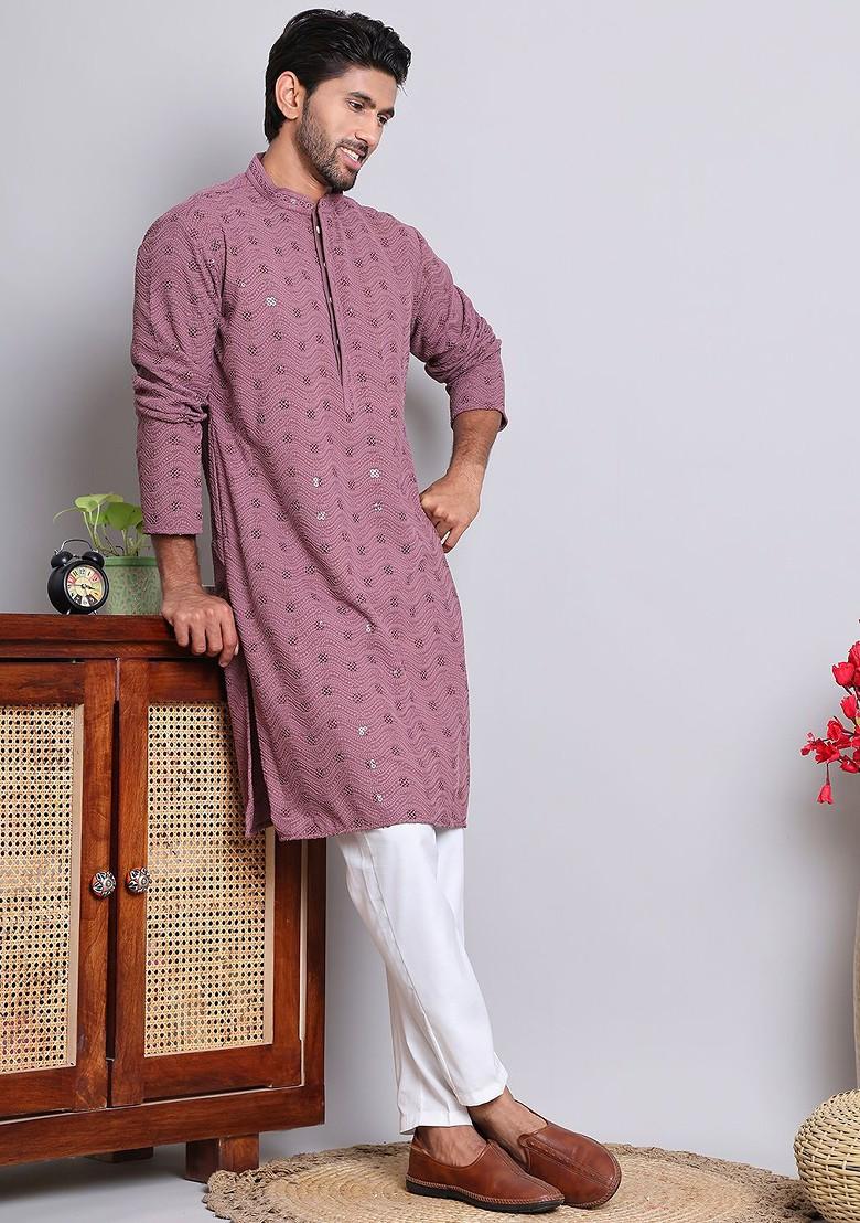 Magenta Embroidered Poly Blend Kurta Set For Men