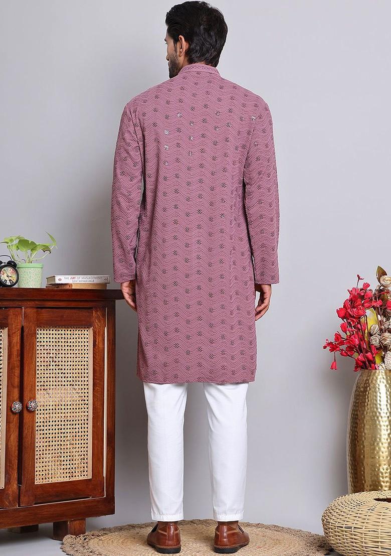 Magenta Embroidered Poly Blend Kurta Set For Men