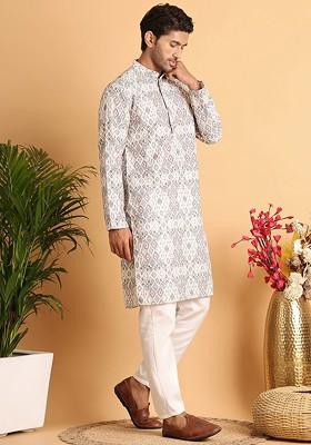 Off White Embroidered Poly Blend Kurta Set For Men