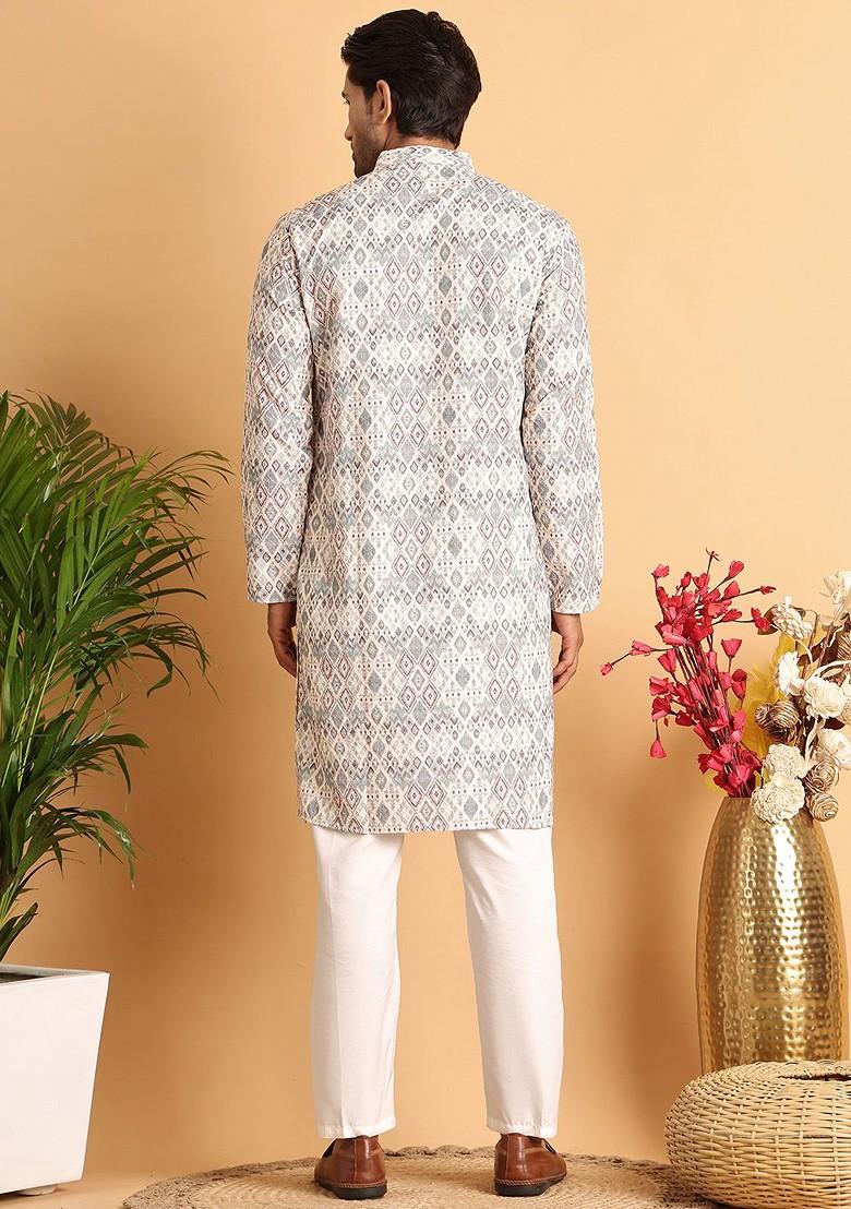Off White Embroidered Poly Blend Kurta Set For Men