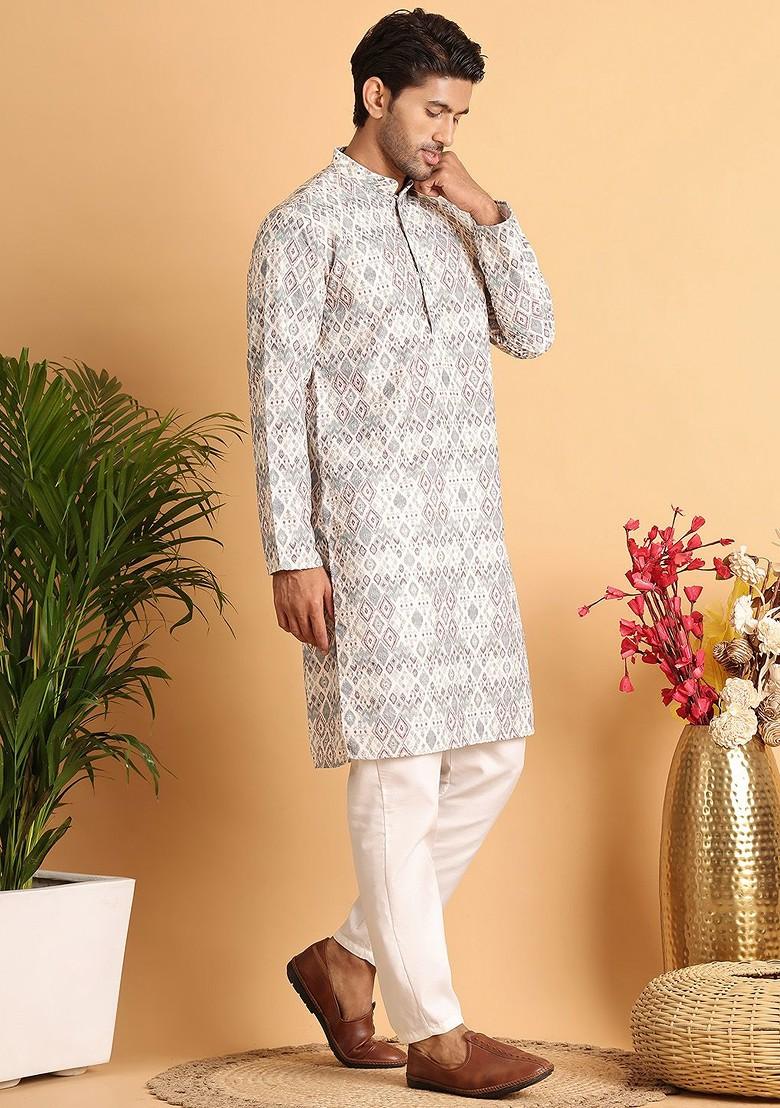 Off White Embroidered Poly Blend Kurta Set For Men