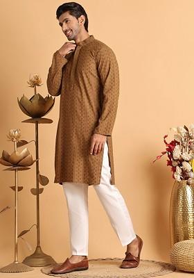 Brown Embroidered Poly Blend Kurta Set For Men