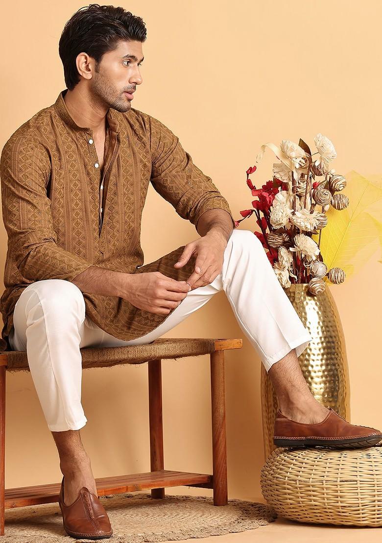 Brown Embroidered Poly Blend Kurta Set For Men