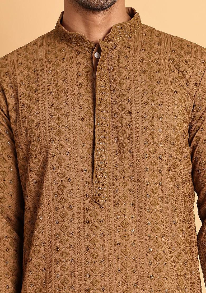 Brown Embroidered Poly Blend Kurta Set For Men