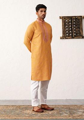 Orange Embroidered Poly Blend Kurta Set For Men