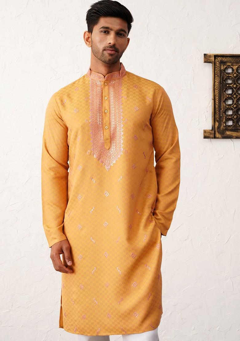 Orange Embroidered Poly Blend Kurta Set For Men