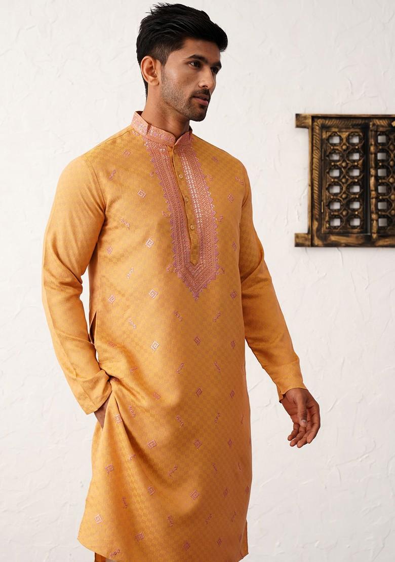Orange Embroidered Poly Blend Kurta Set For Men