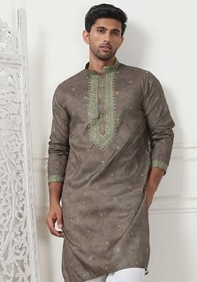Brown Embroidered Poly Blend Kurta Set For Men