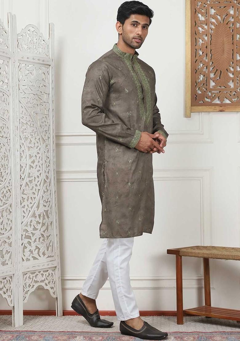 Brown Embroidered Poly Blend Kurta Set For Men