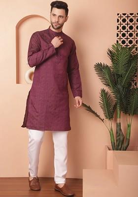 Purple Ethnic Motif Poly Blend Kurta Set For Men