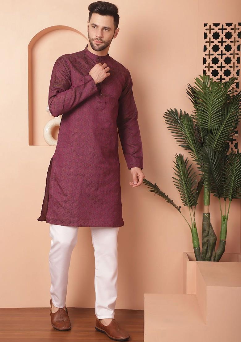 Purple Ethnic Motif Poly Blend Kurta Set For Men