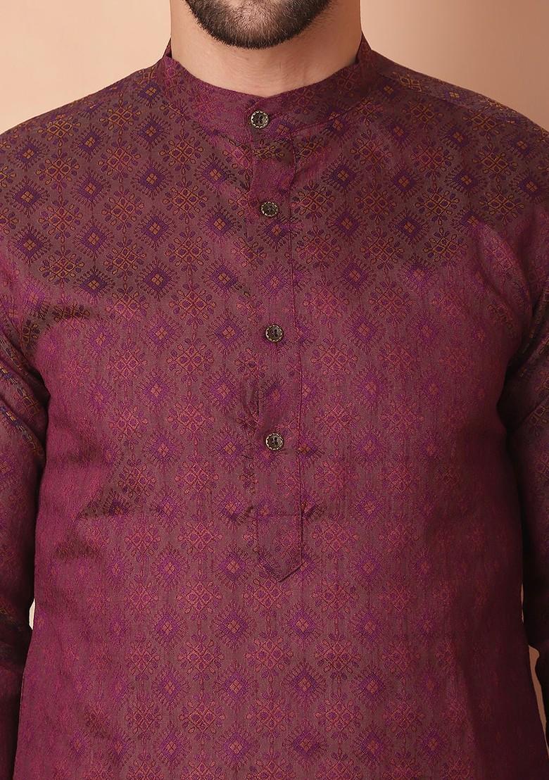 Purple Ethnic Motif Poly Blend Kurta Set For Men