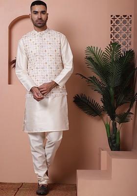 Off White Printed Poly Blend Kurta Set For Men
