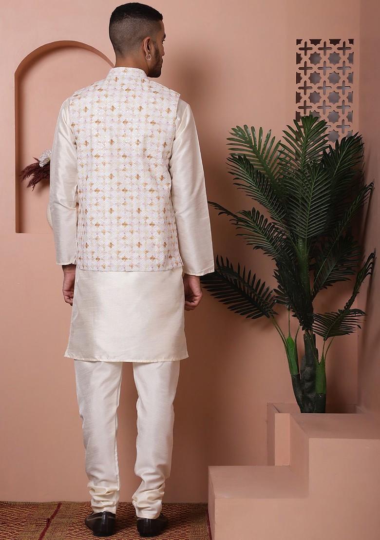 Off White Printed Poly Blend Kurta Set For Men