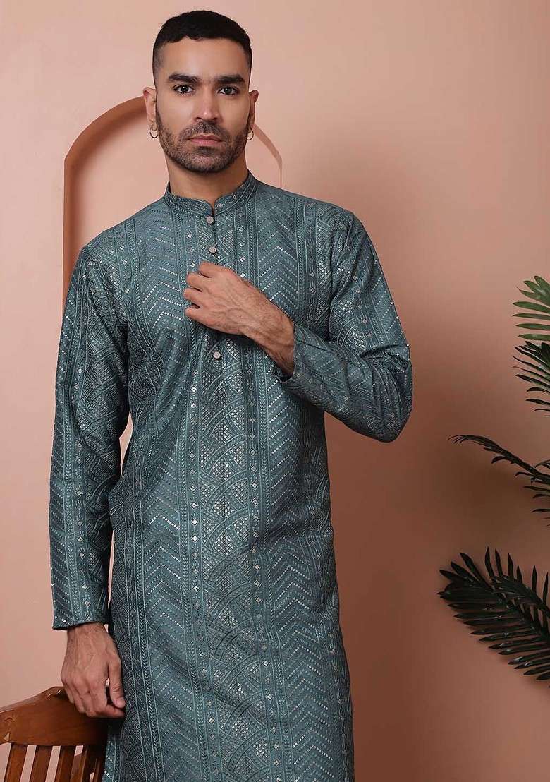 Teal Blue Embroidered Poly Blend Kurta Set For Men - Indya