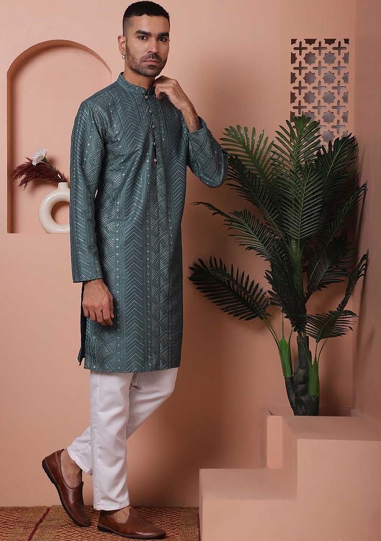 Teal Blue Embroidered Poly Blend Kurta Set For Men