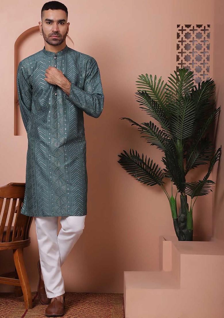 Teal Blue Embroidered Poly Blend Kurta Set For Men