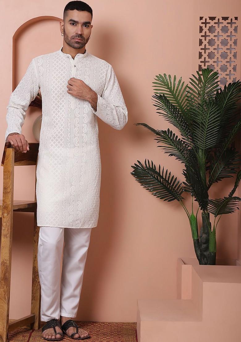 Off White Embroidered Poly Blend Kurta Set For Men
