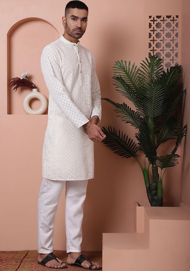 Off White Embroidered Poly Blend Kurta Set For Men