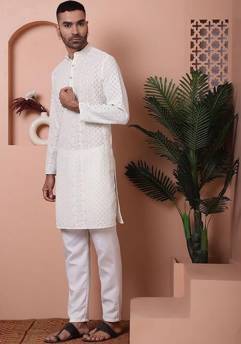 Off White Embroidered Poly Blend Kurta Set For Men