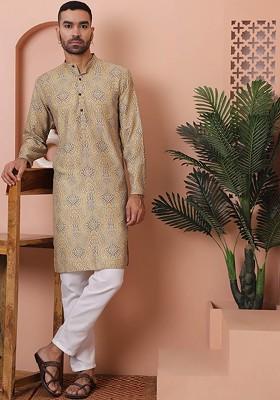 Gold Printed Poly Blend Kurta Set For Men