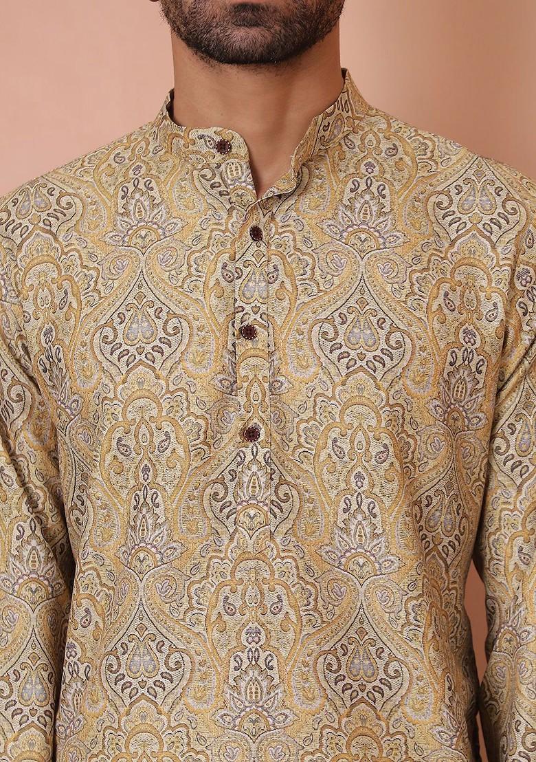 Gold Printed Poly Blend Kurta Set For Men