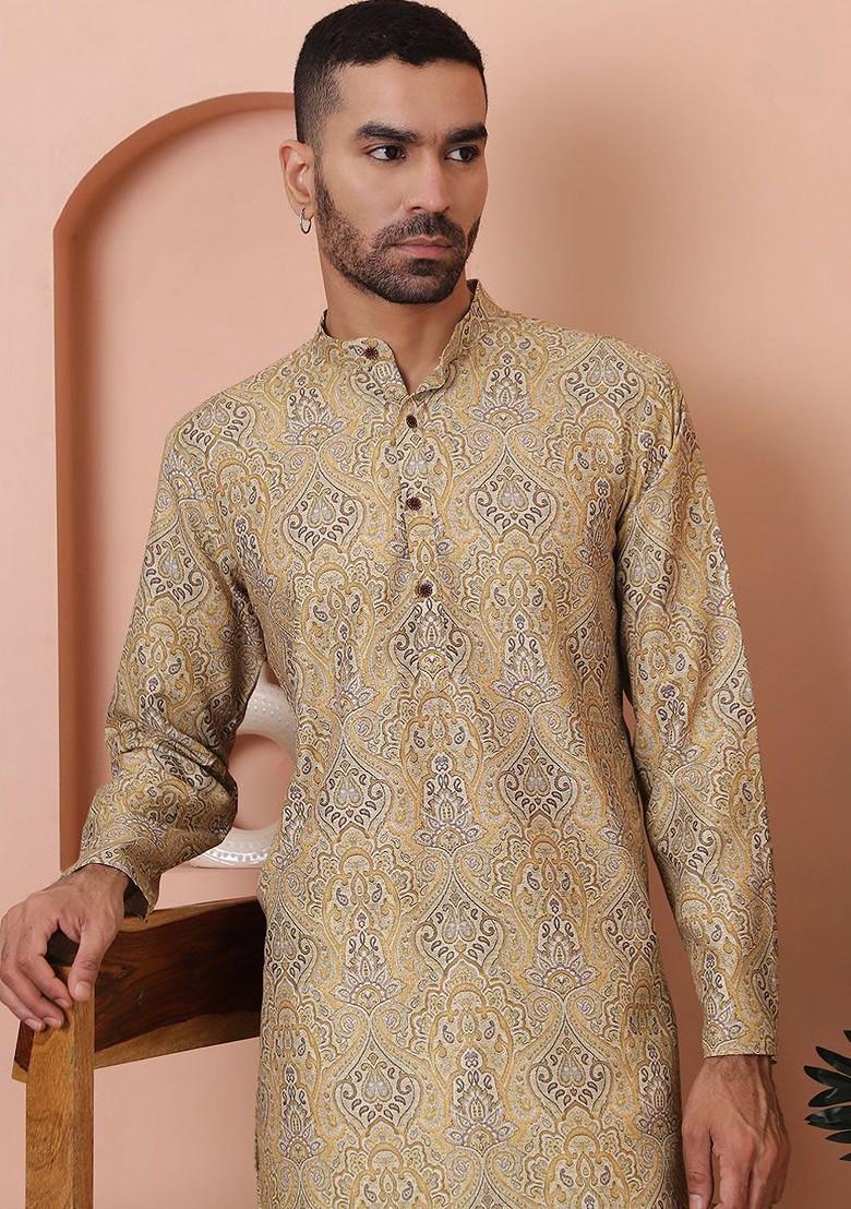 Gold Printed Poly Blend Kurta Set For Men