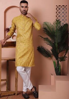 Yellow Woven Design Poly Blend Kurta Set For Men