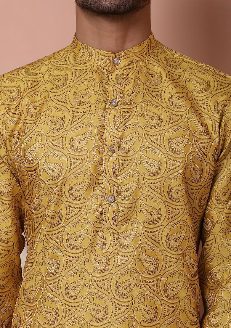 Yellow Woven Design Poly Blend Kurta Set For Men