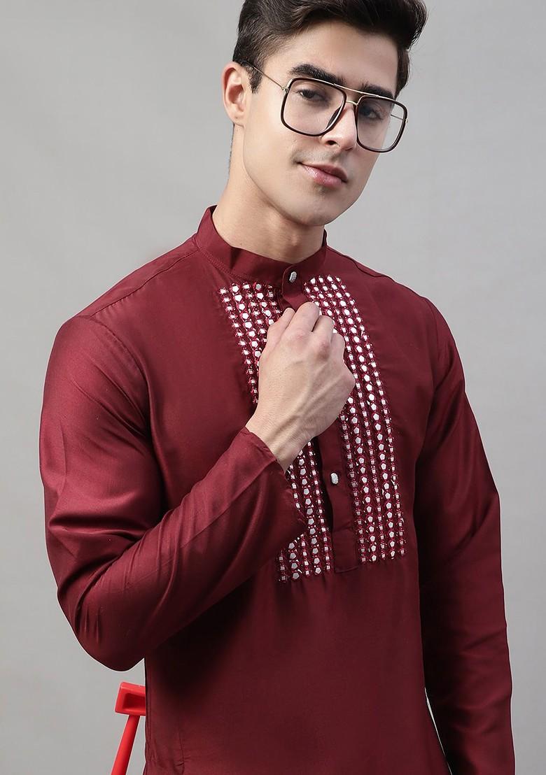 Maroon Yoke Design Poly Blend Kurta Set For Men