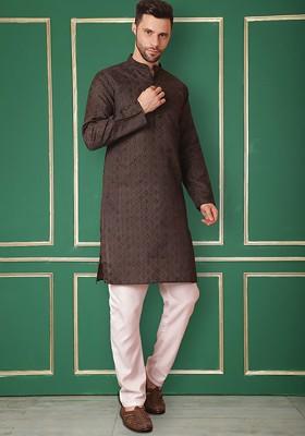Navy Blue Woven Design Poly Blend Kurta Set For Men