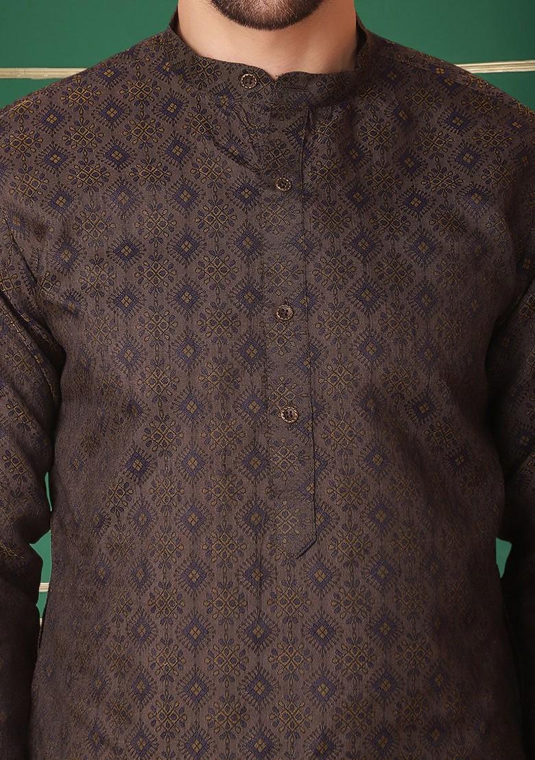 Navy Blue Woven Design Poly Blend Kurta Set For Men