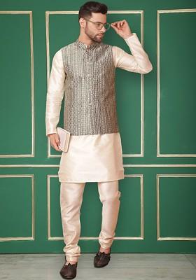 Green Woven Design Poly Blend Kurta Set For Men