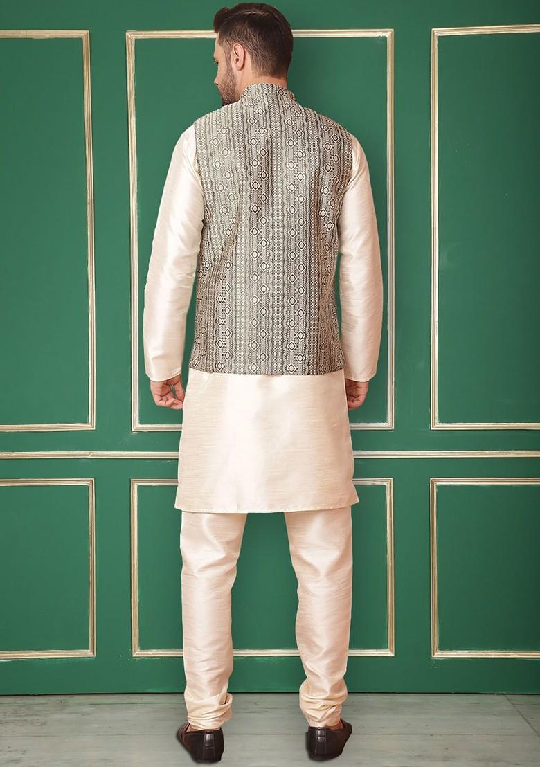Green Woven Design Poly Blend Kurta Set For Men