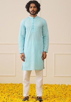 Turquoise Blue Embroidered Poly Blend Kurta Set For Men