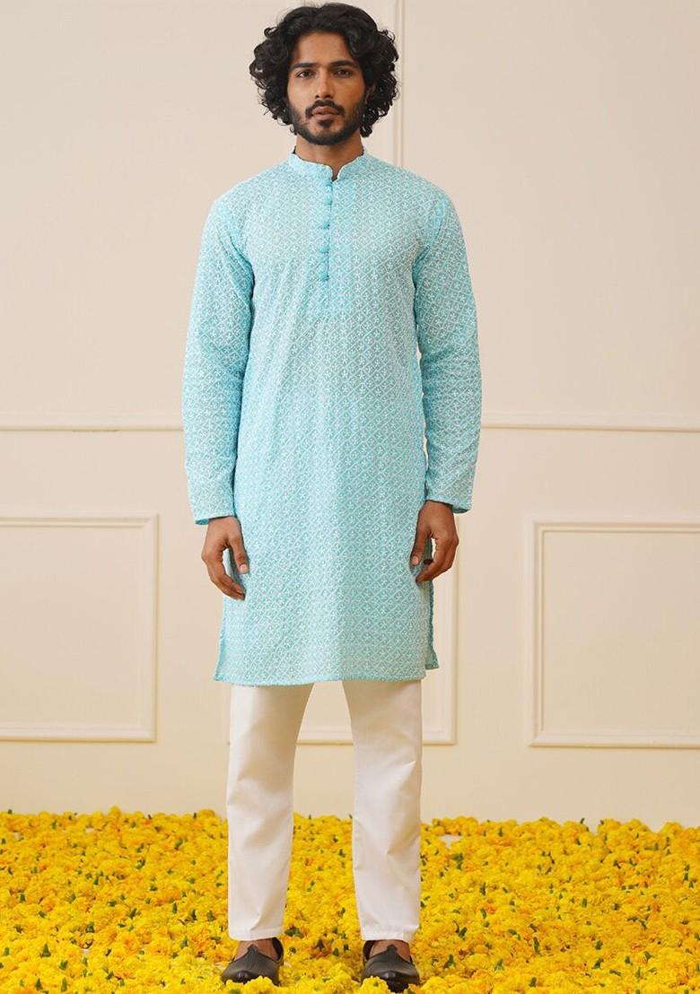 Turquoise Blue Embroidered Poly Blend Kurta Set For Men
