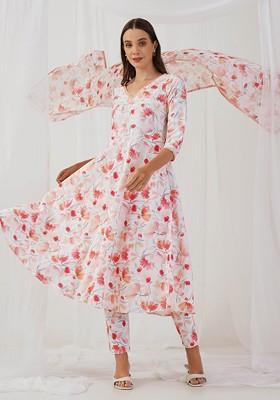 White Printed Poly Blend Kurta Set For Men