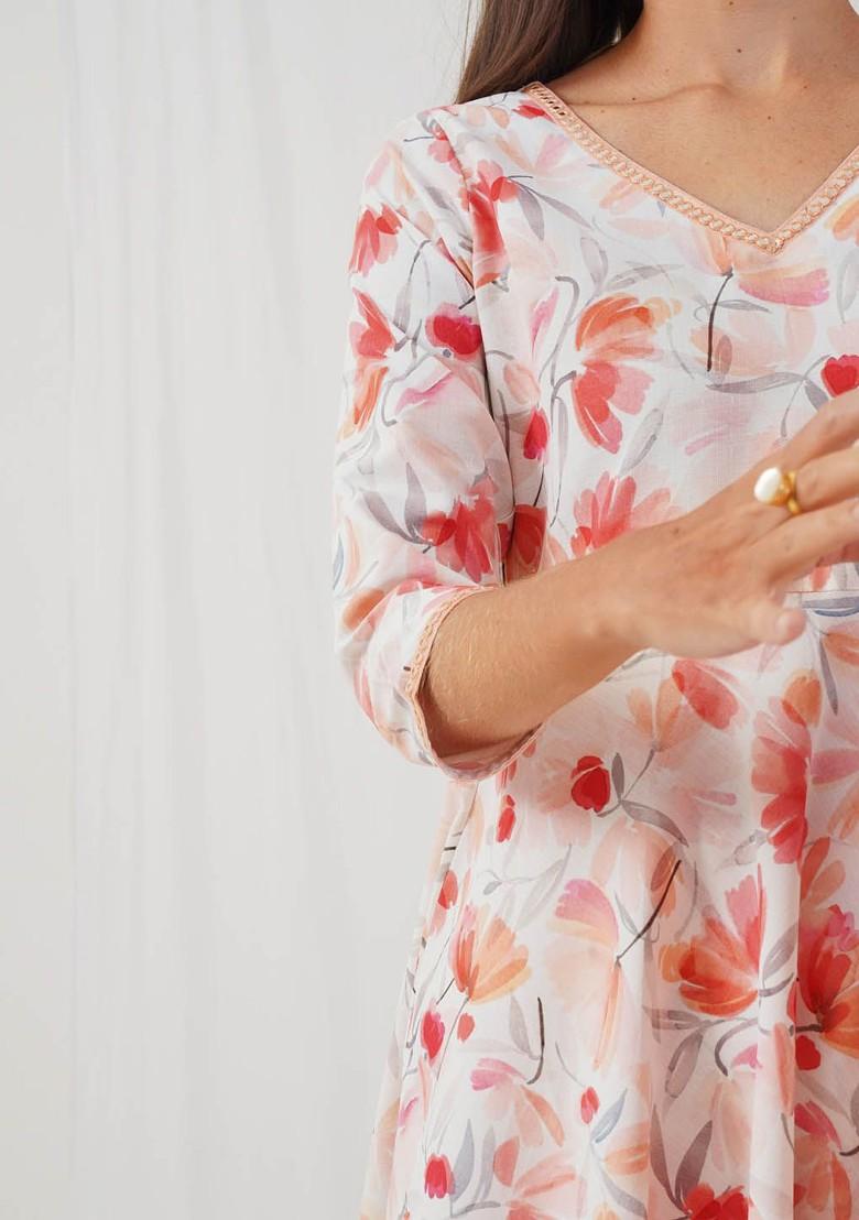 White Printed Poly Blend Kurta Set For Men