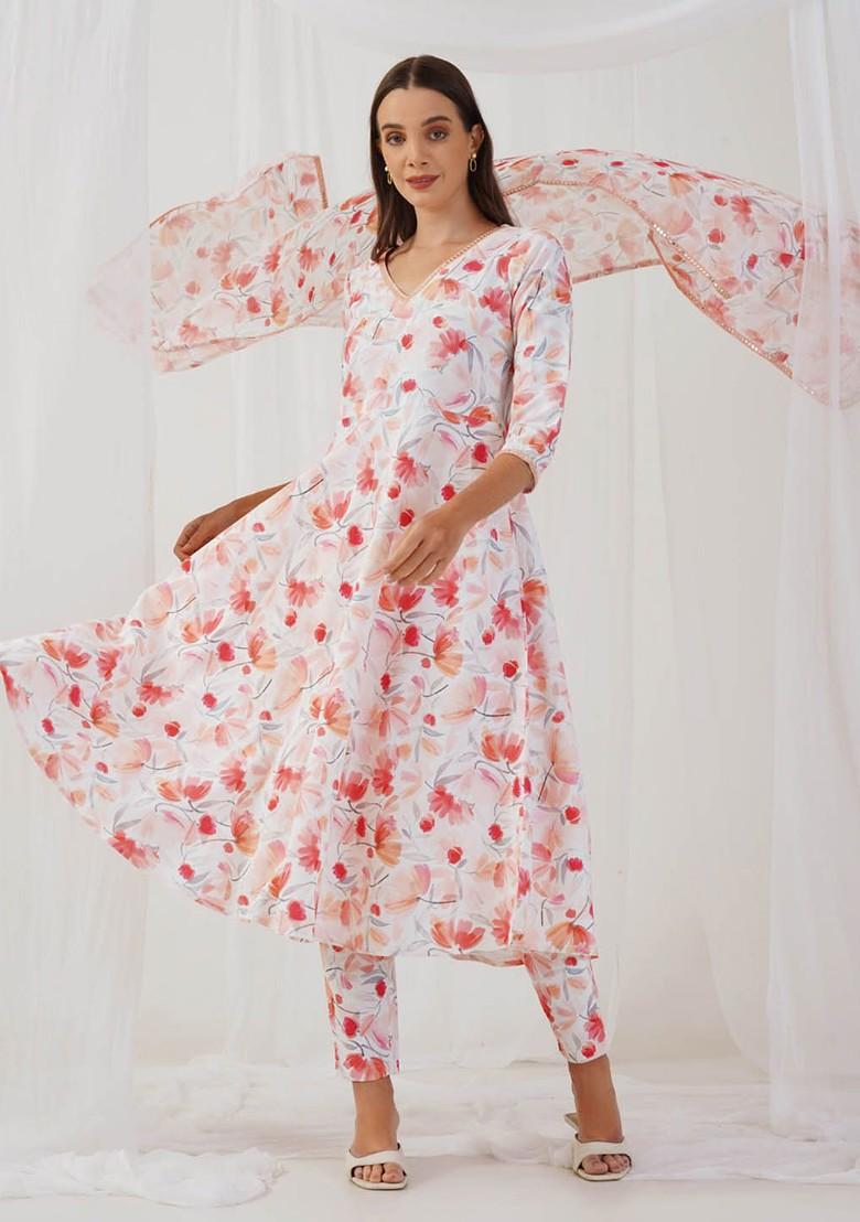 White Printed Poly Blend Kurta Set For Men