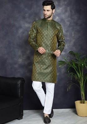 Olive Woven Design Poly Blend Kurta Set For Men