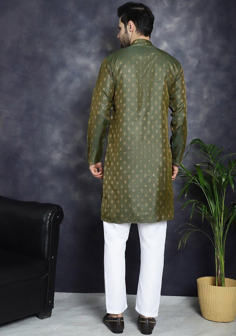 Olive Woven Design Poly Blend Kurta Set For Men