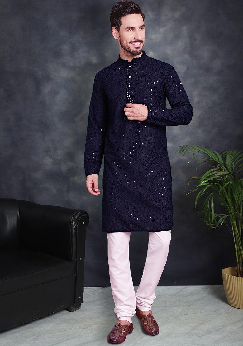 Navy Blue Embroidered Poly Blend Kurta Set For Men