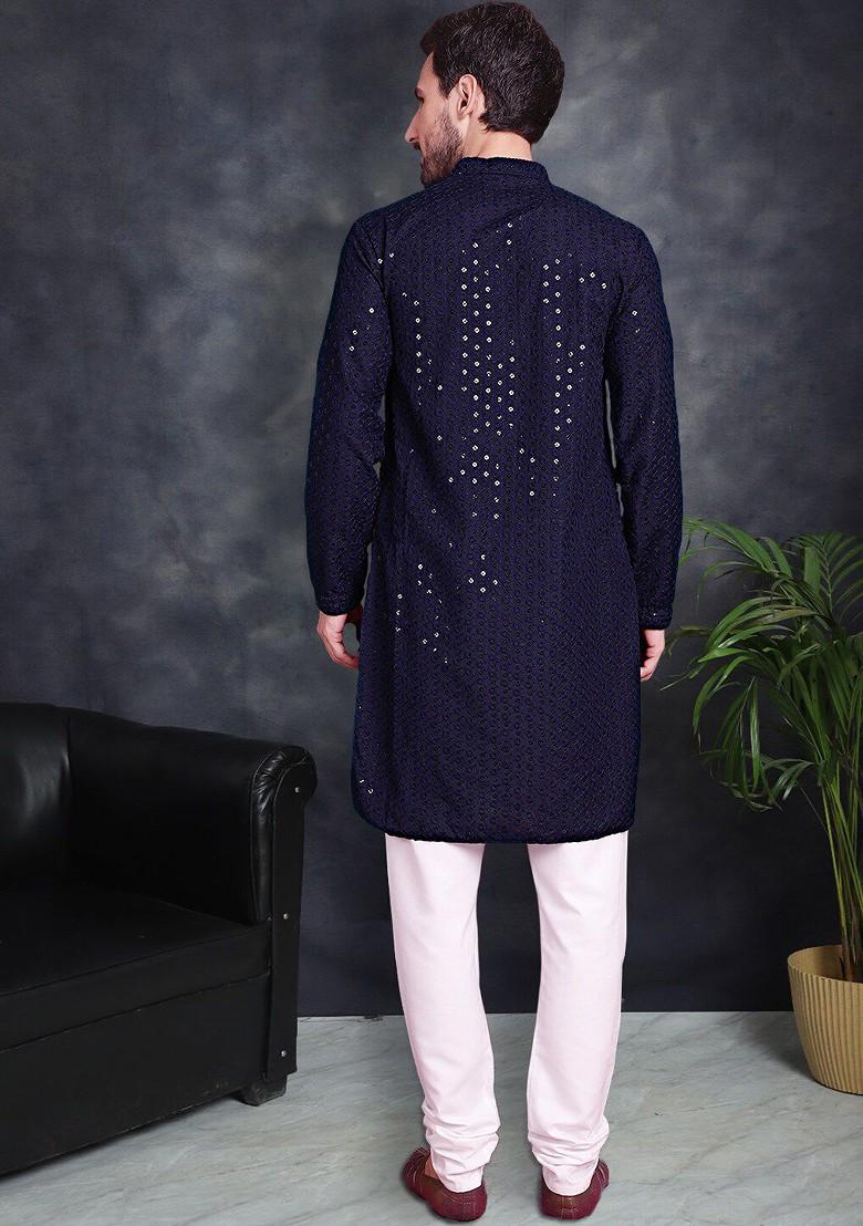 Navy Blue Embroidered Poly Blend Kurta Set For Men