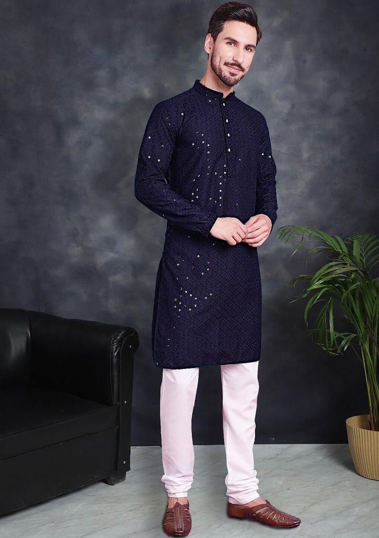 Navy Blue Embroidered Poly Blend Kurta Set For Men