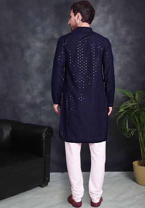 Navy Blue Embroidered Poly Blend Kurta Set For Men