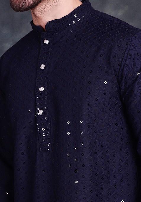 Navy Blue Embroidered Poly Blend Kurta Set For Men