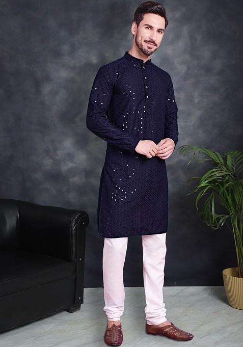 Navy Blue Embroidered Poly Blend Kurta Set For Men