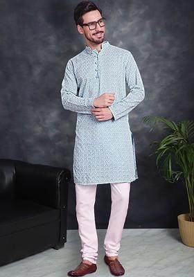 Turquoise Blue Embroidered Poly Blend Kurta Set For Men