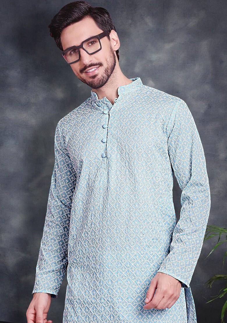 Turquoise Blue Embroidered Poly Blend Kurta Set For Men